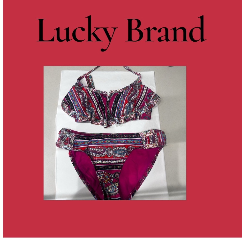 Lucky Brand Magenta Paisley Ruffle Bikini Set